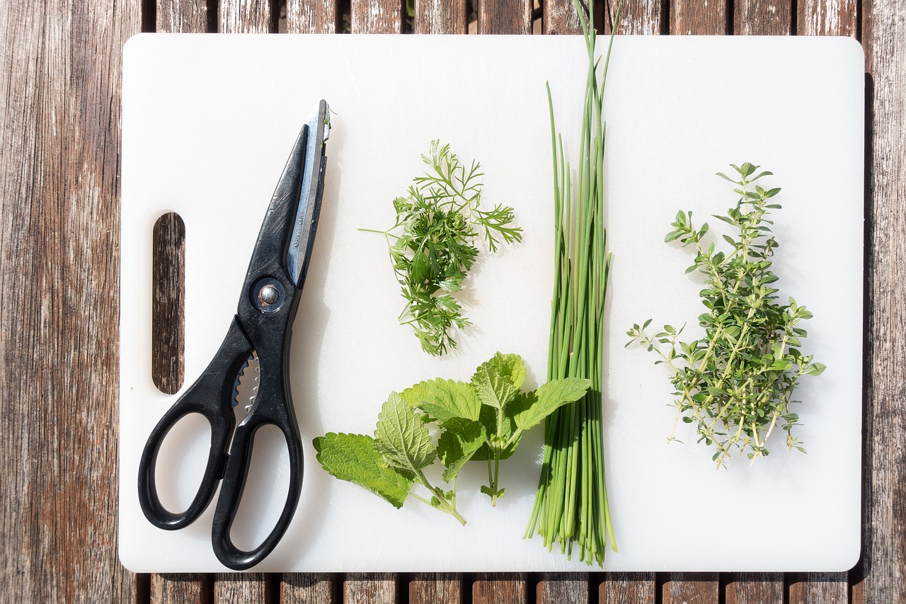 Fresh cut herbs on cutting board